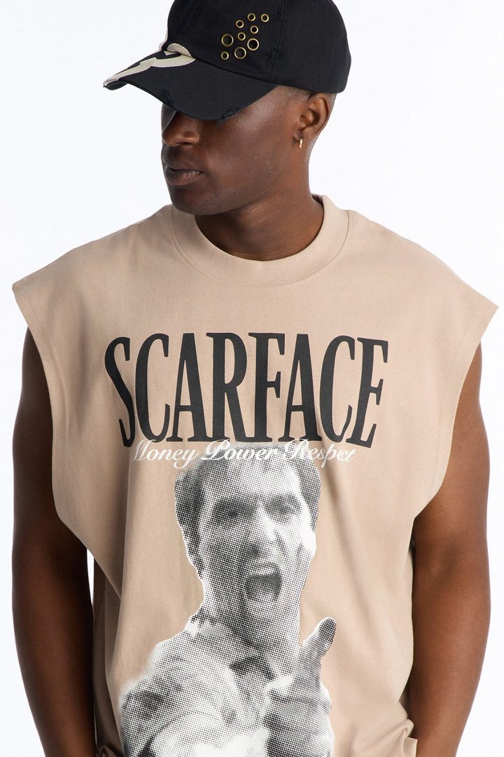 Heavy Weight Scarface Money Power Respect Muscle Tee - Taupe