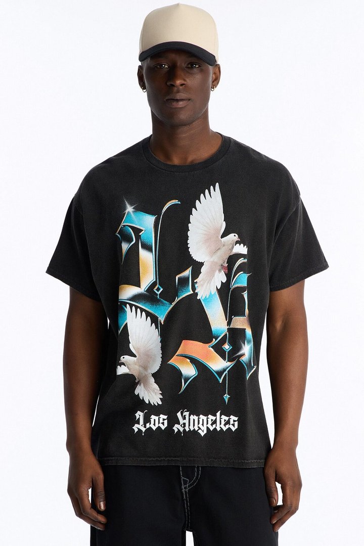 Los Angeles Doves Vintage Wash Oversized Short Sleeve Tee - Black