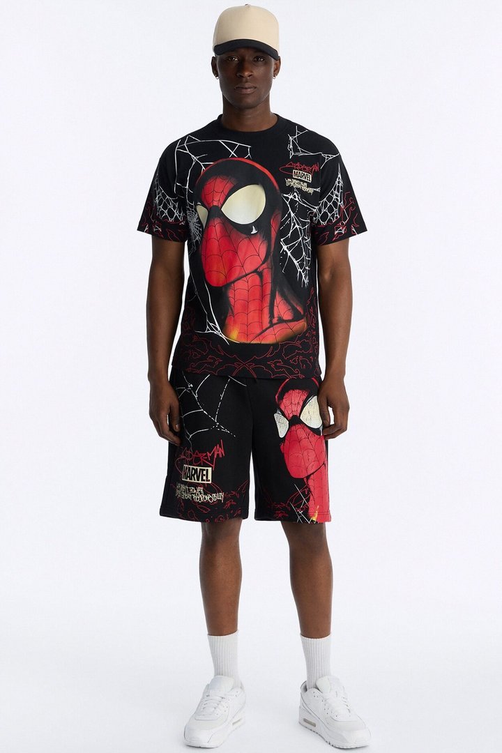 Spider Man All Over Print Heavy Weight Boxy Short Sleeve Tee - Black