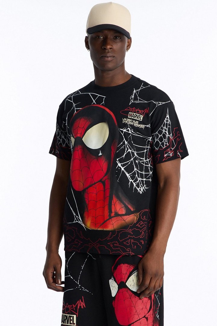 Spider Man All Over Print Heavy Weight Boxy Short Sleeve Tee - Black