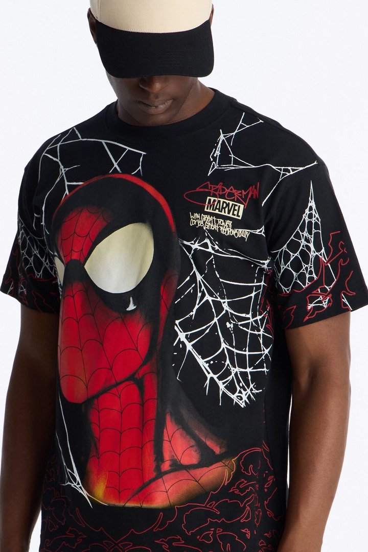 Spider Man All Over Print Heavy Weight Boxy Short Sleeve Tee - Black