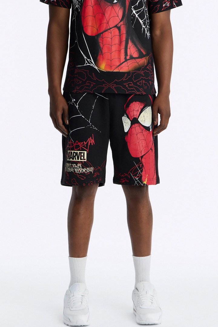 Spider Man All Over Print Relaxed Sweat Short - Black