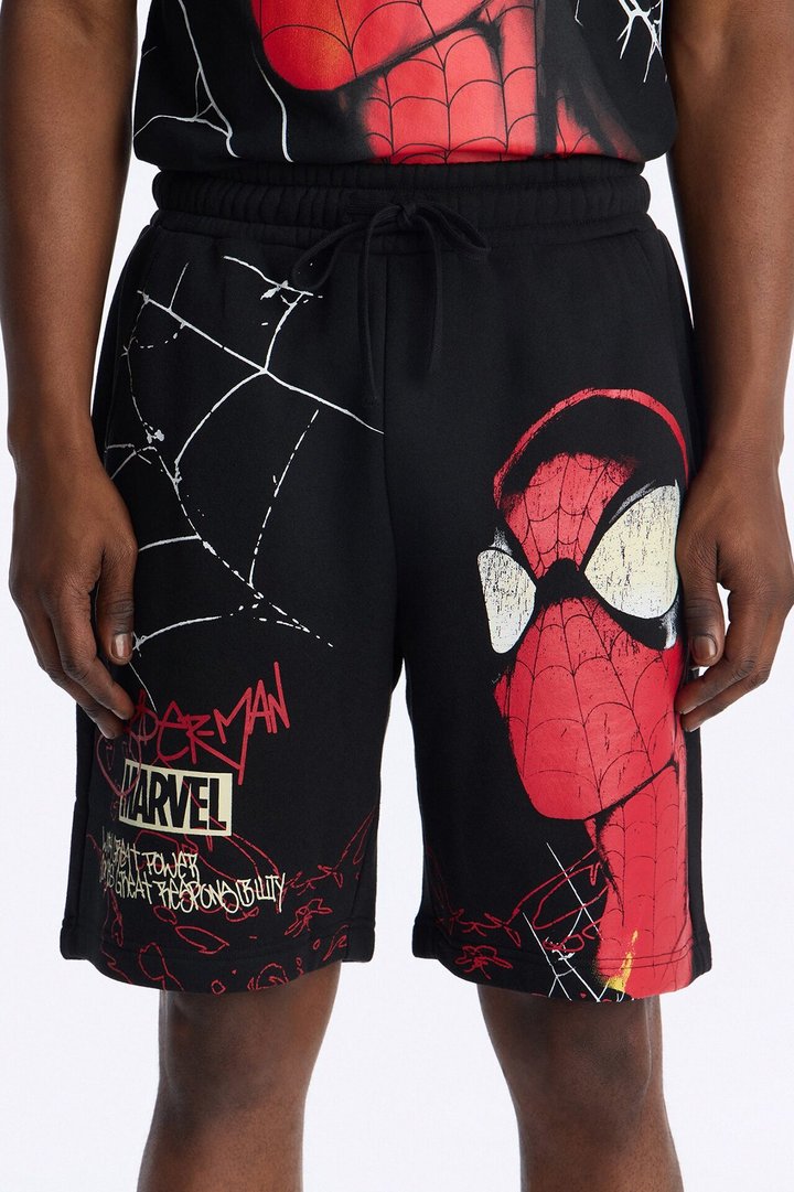 Spider Man All Over Print Relaxed Sweat Short - Black