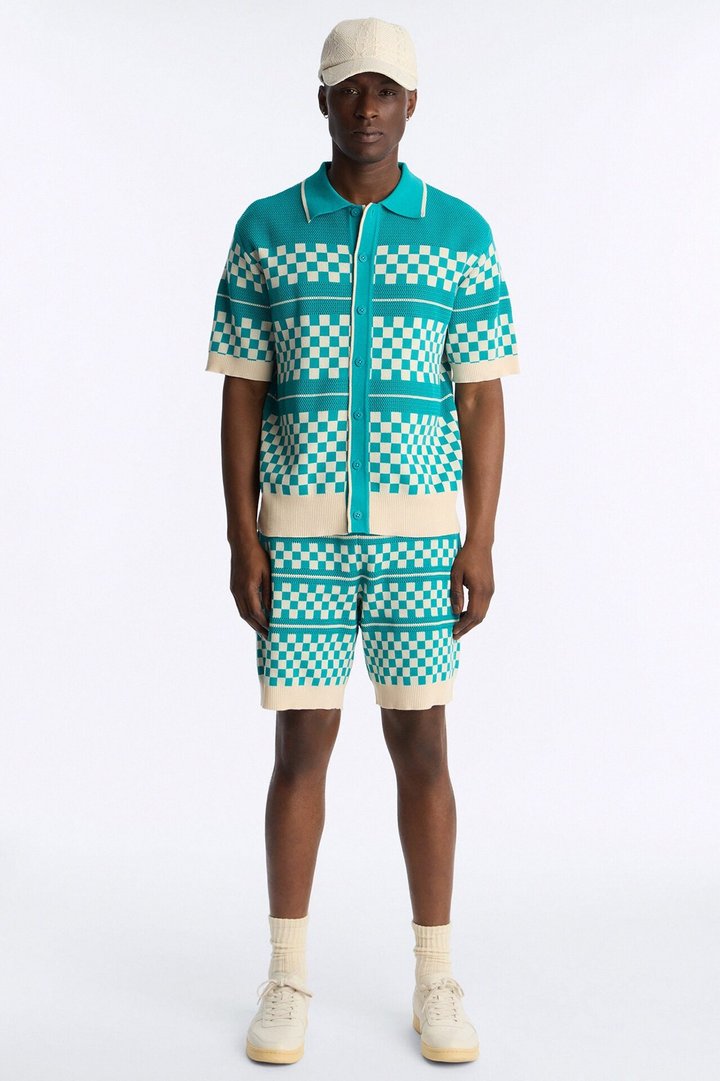 Knitted Pawn Checker Button Up Shirt - Teal/combo