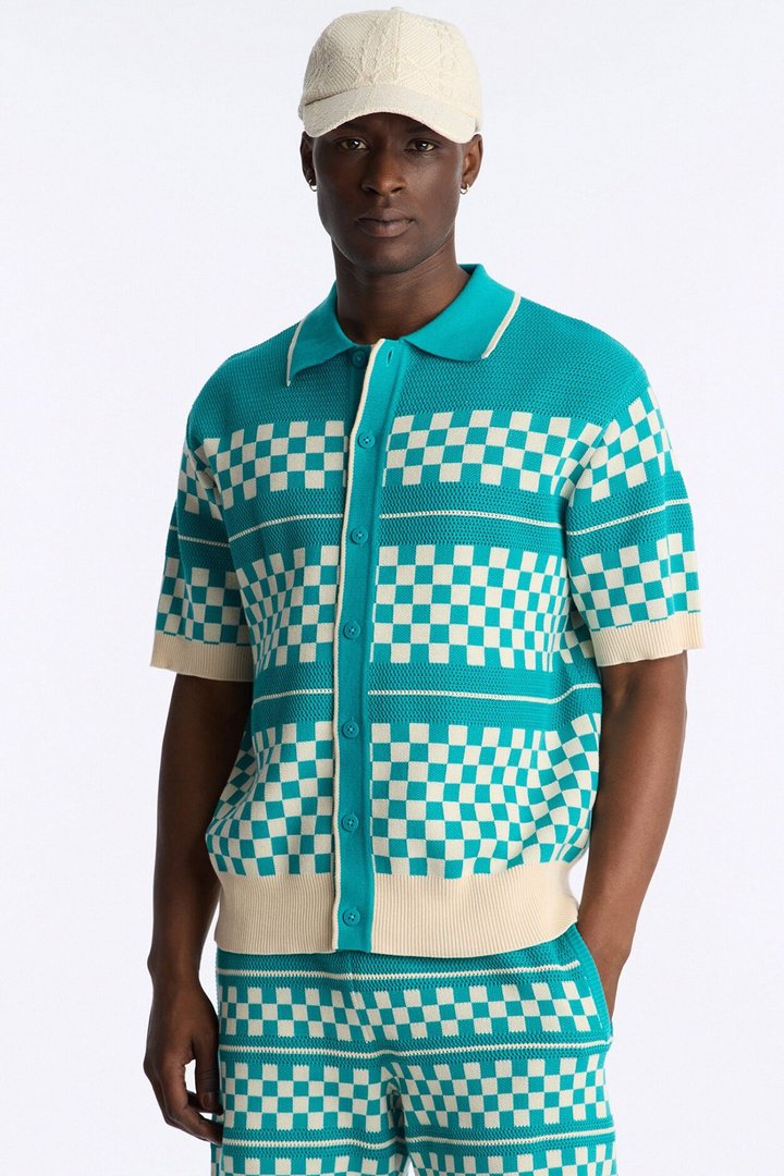 Knitted Pawn Checker Button Up Shirt - Teal/combo