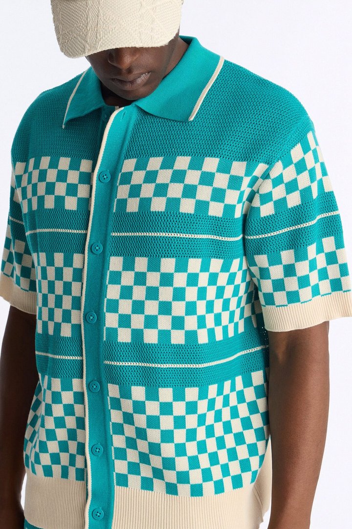 Knitted Pawn Checker Button Up Shirt - Teal/combo