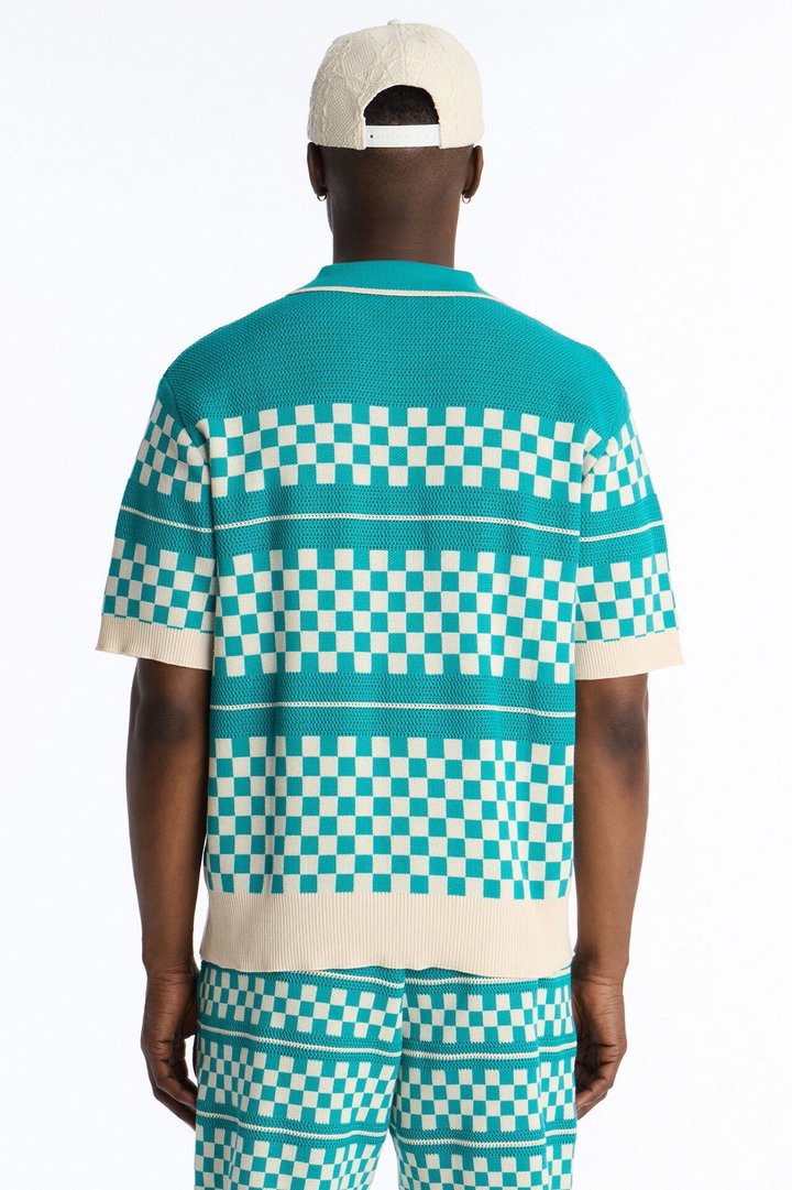 Knitted Pawn Checker Button Up Shirt - Teal/combo
