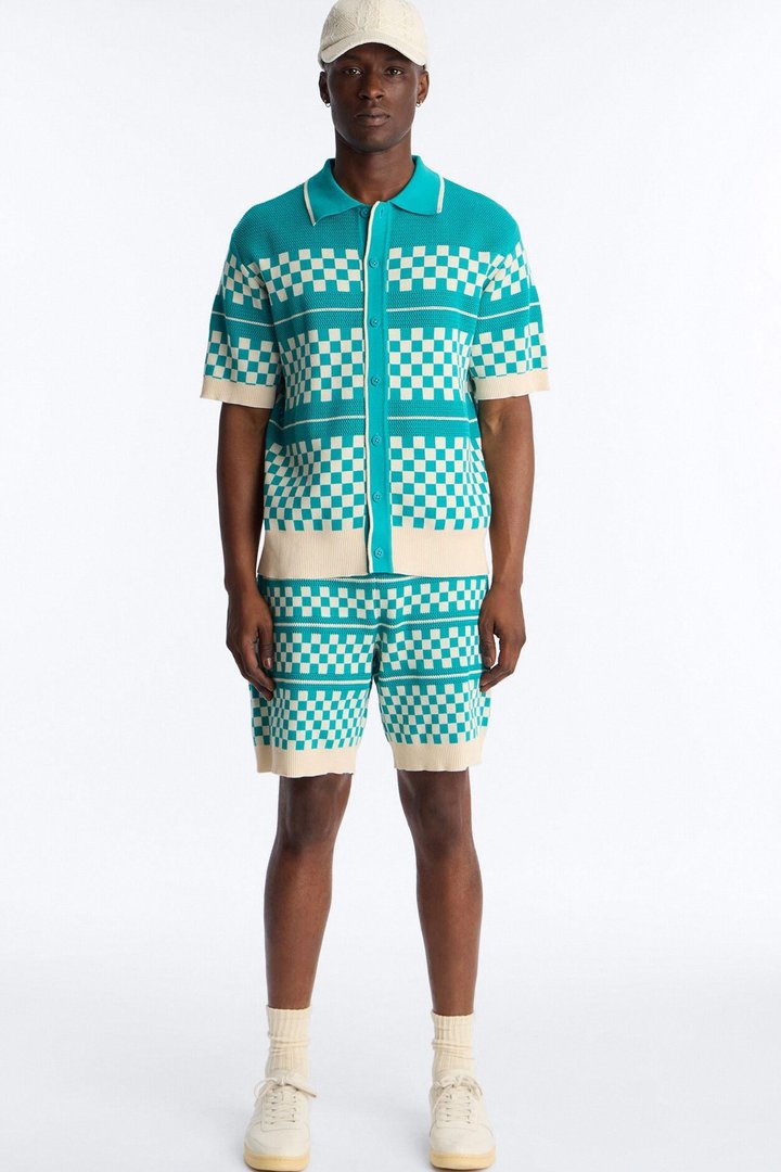 Relaxed Knitted Pawn Checker Short - Teal