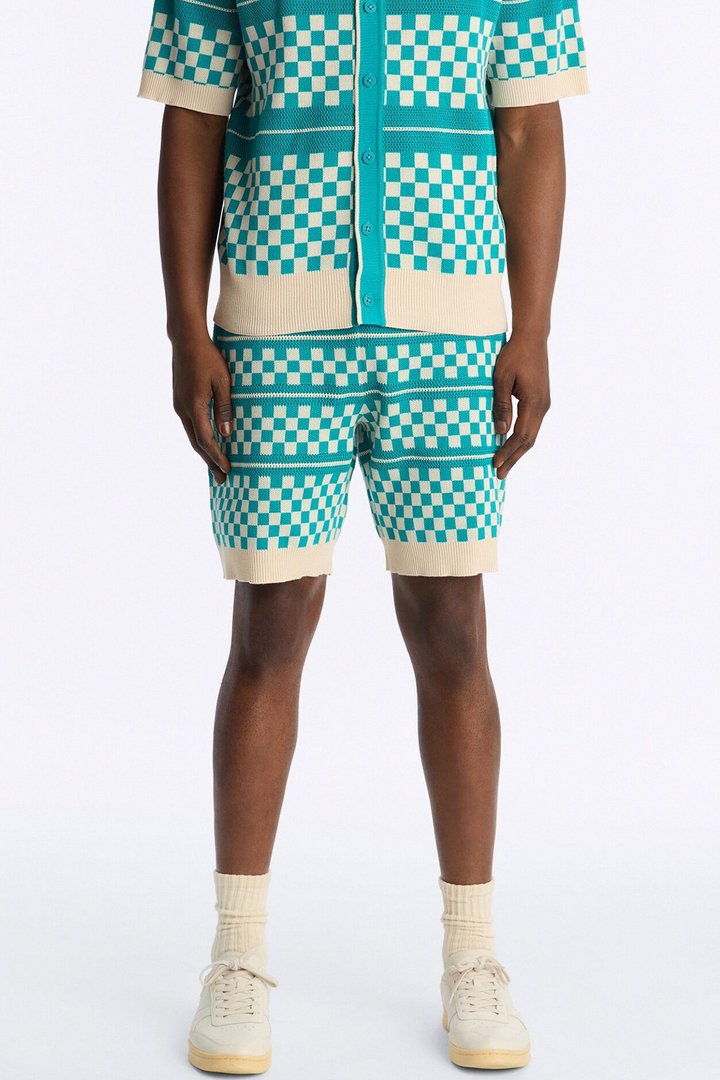 Relaxed Knitted Pawn Checker Short - Teal