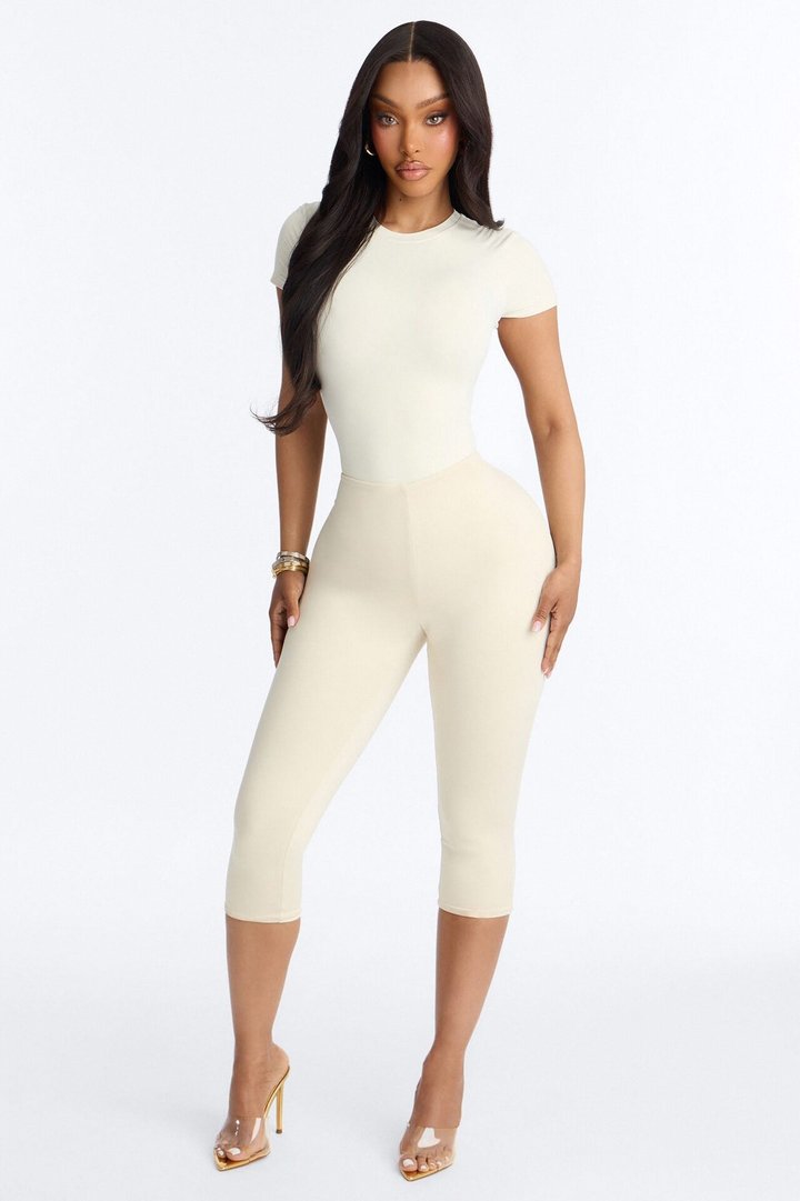 Second Skin Double Lined Crew Neck Short Sleeve Bodysuit - Bone