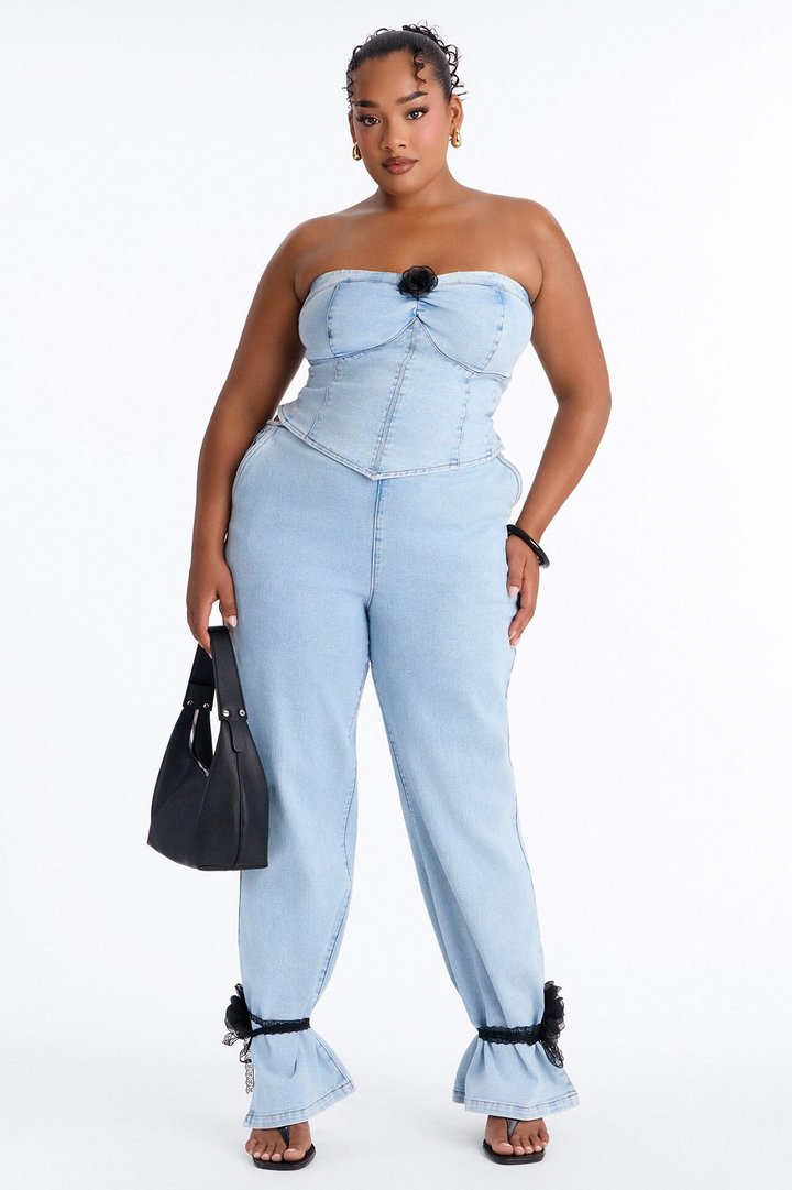 Pretty Little Ties Denim Pant Set - Light Wash
