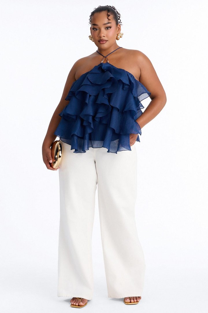 Ruffle Cutie Hardware Organza Halter Top - Navy