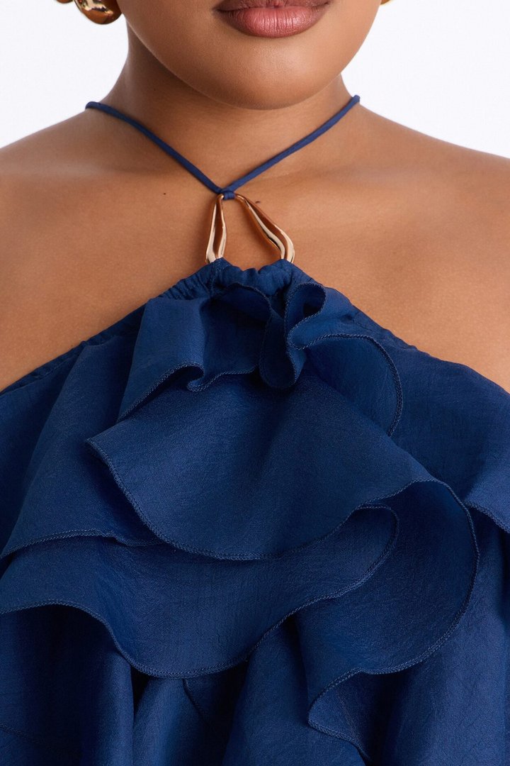 Ruffle Cutie Hardware Organza Halter Top - Navy