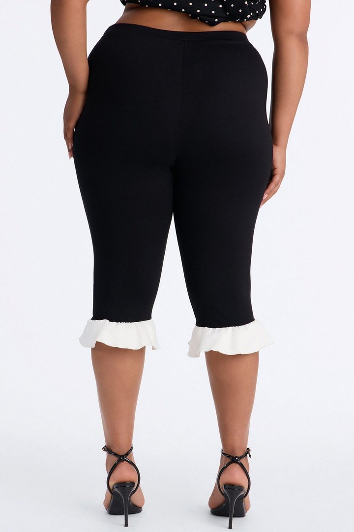 Daisy High Rise Ruffle Trim Ponte Capri Leggings - Black/White