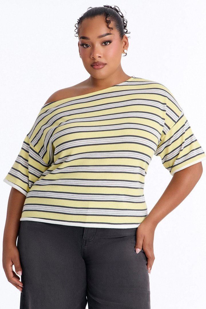 Malibu Days Striped Textured Short Sleeve Top - Yellow/combo