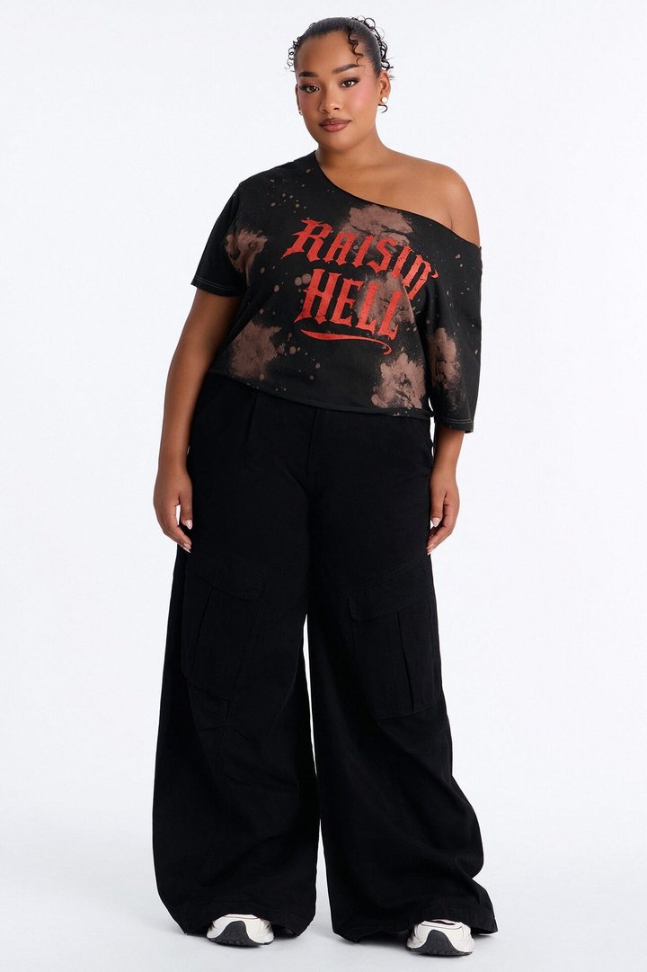 Raisin' Hell Bleach Washed Off Shoulder Tee - Black