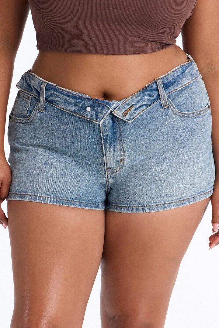 Roll With It Foldover Stretch Denim Shorts - Light Wash