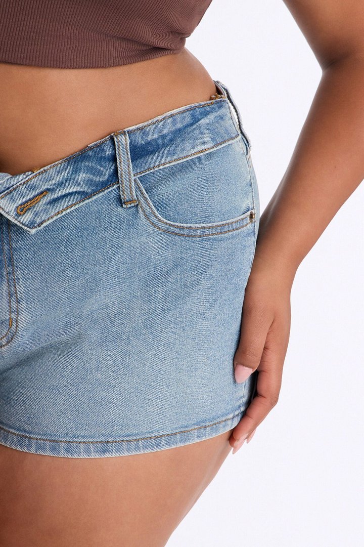 Roll With It Foldover Stretch Denim Shorts - Light Wash
