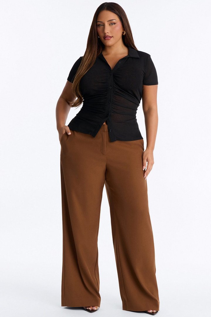 Jenn Textured Button Up Ruched Short Sleeve Shirt - Black