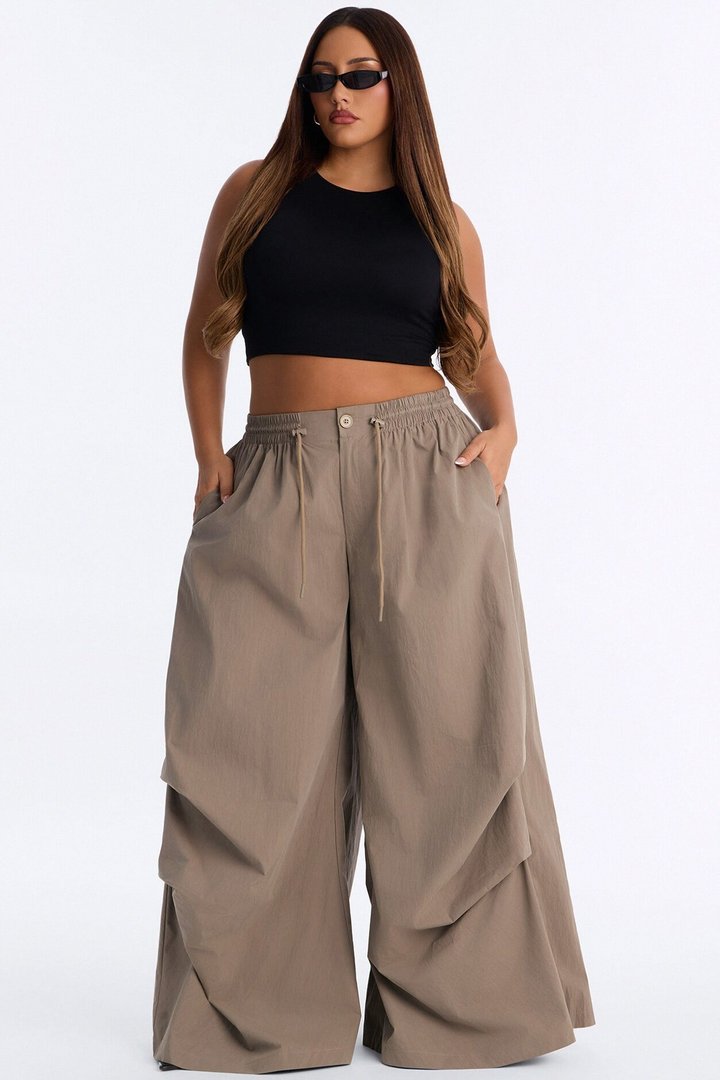 Hazel Stacked Drawstring Waist Super Wide Leg Pant - Caffe