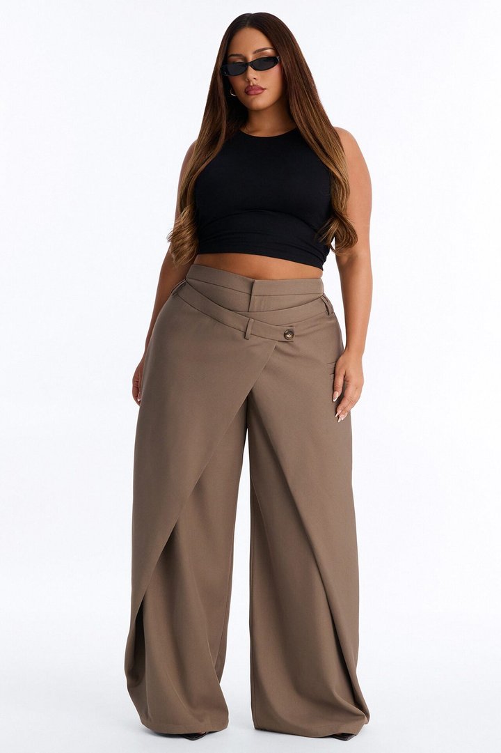 Seeing Double Wide Leg Wrap Front Trouser - Caffe