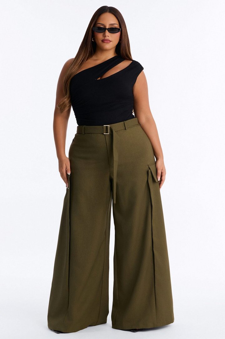 Caroline High Waisted Belted Cargo Wide Leg Trouser - Olive