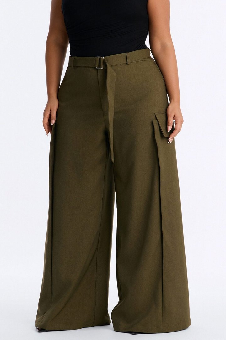 Caroline High Waisted Belted Cargo Wide Leg Trouser - Olive