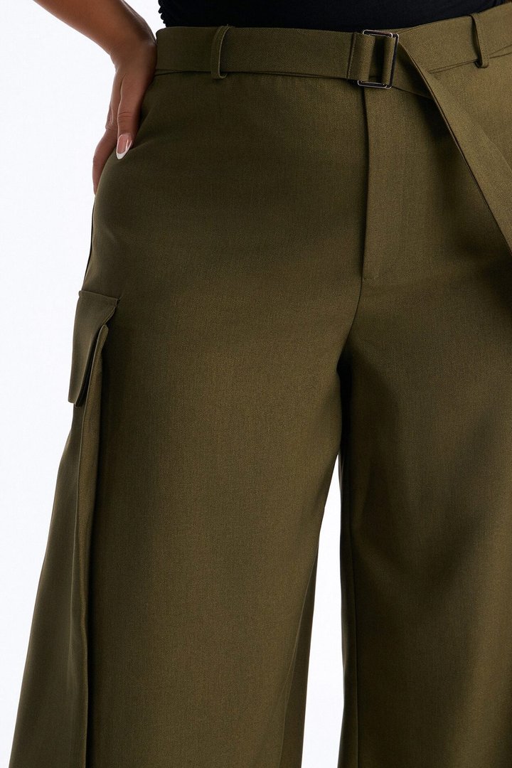 Caroline High Waisted Belted Cargo Wide Leg Trouser - Olive