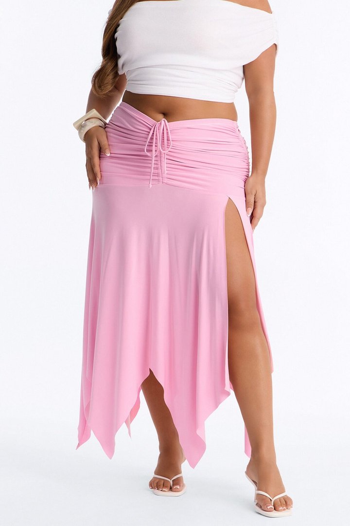 Miranda Low Rise Ruched Flowy Midi Skirt - Pink