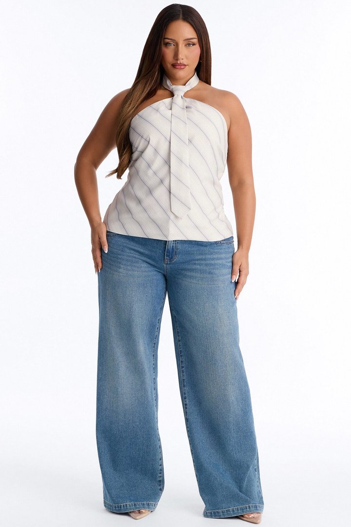 Smart Girl Satin Pinstripe Halter Top - White/combo