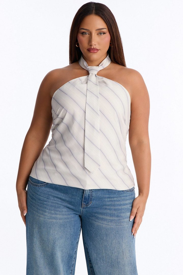 Smart Girl Satin Pinstripe Halter Top - White/combo