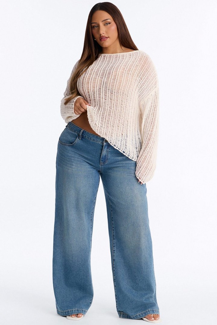 Arden Long Sleeve Distressed Sweater - Cream