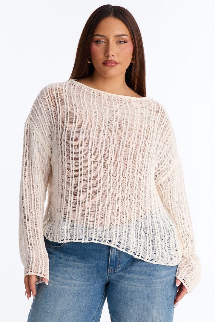 Arden Long Sleeve Distressed Sweater - Cream