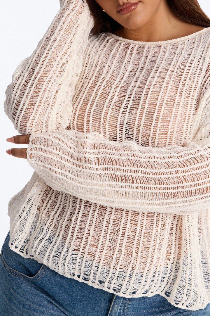 Arden Long Sleeve Distressed Sweater - Cream