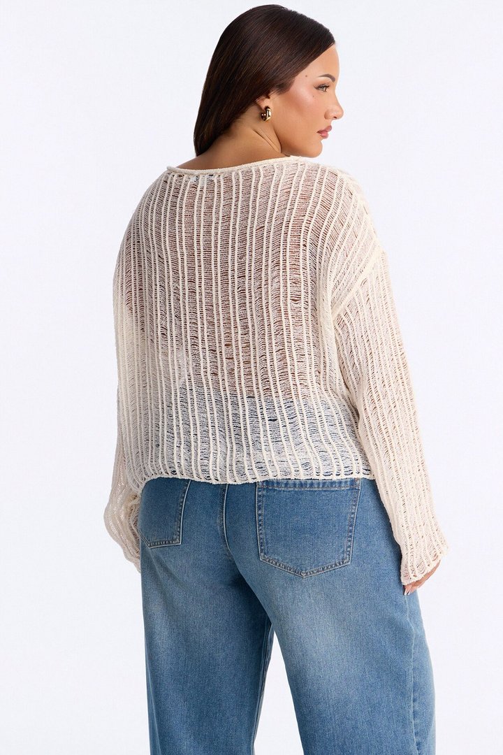 Arden Long Sleeve Distressed Sweater - Cream