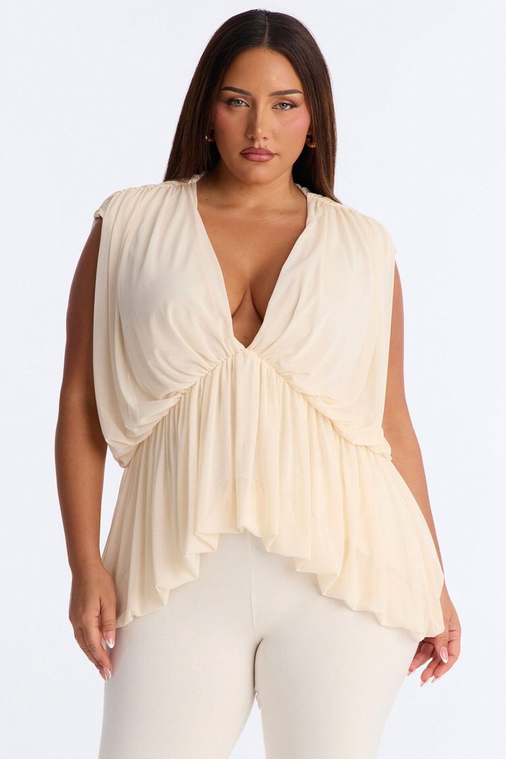 Nina Ruched Mesh Short Sleeve Top - Cream