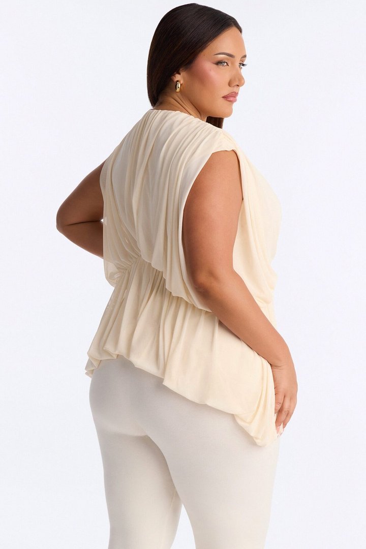 Nina Ruched Mesh Short Sleeve Top - Cream