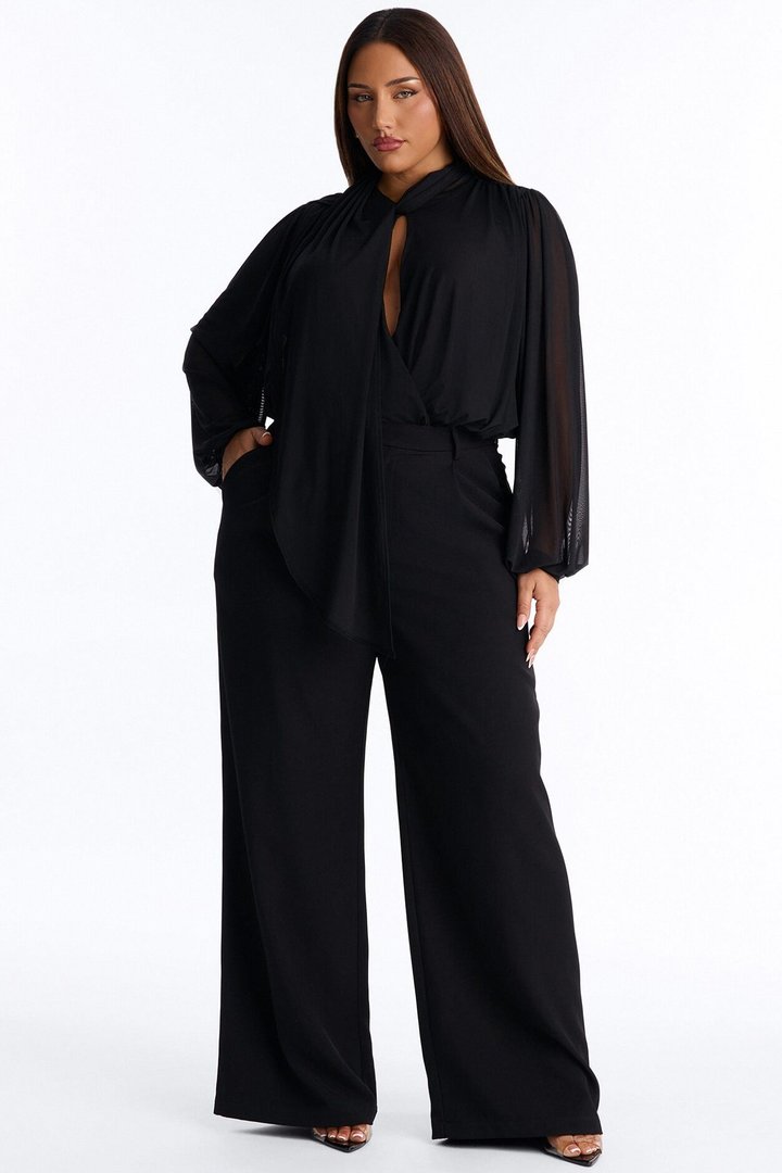 Melinna Mesh Scarf Long Sleeve Bodysuit - Black