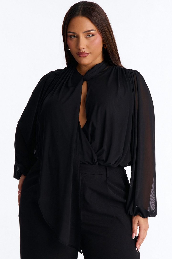 Melinna Mesh Scarf Long Sleeve Bodysuit - Black