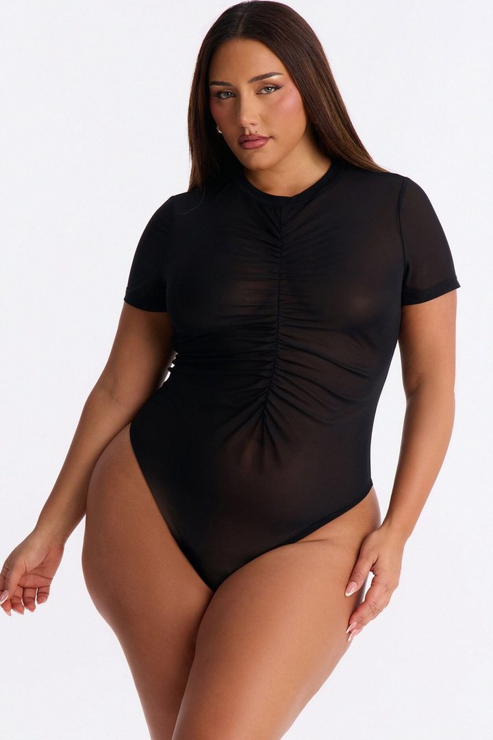 Monroe Mesh Ruched Short Sleeve Bodysuit - Black