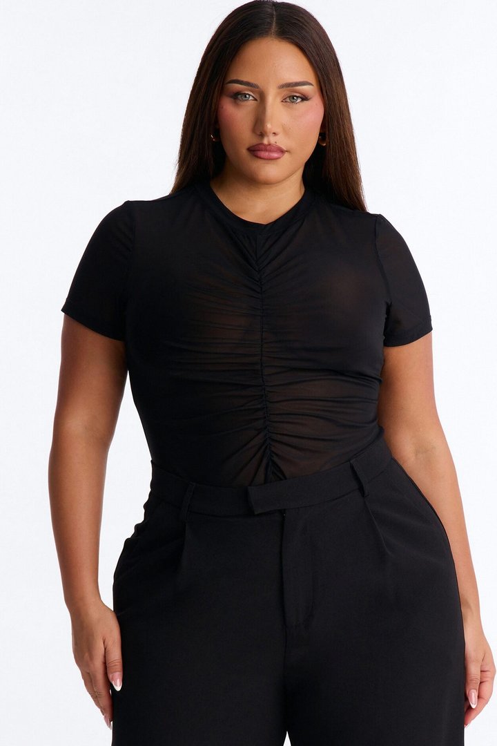 Monroe Mesh Ruched Short Sleeve Bodysuit - Black