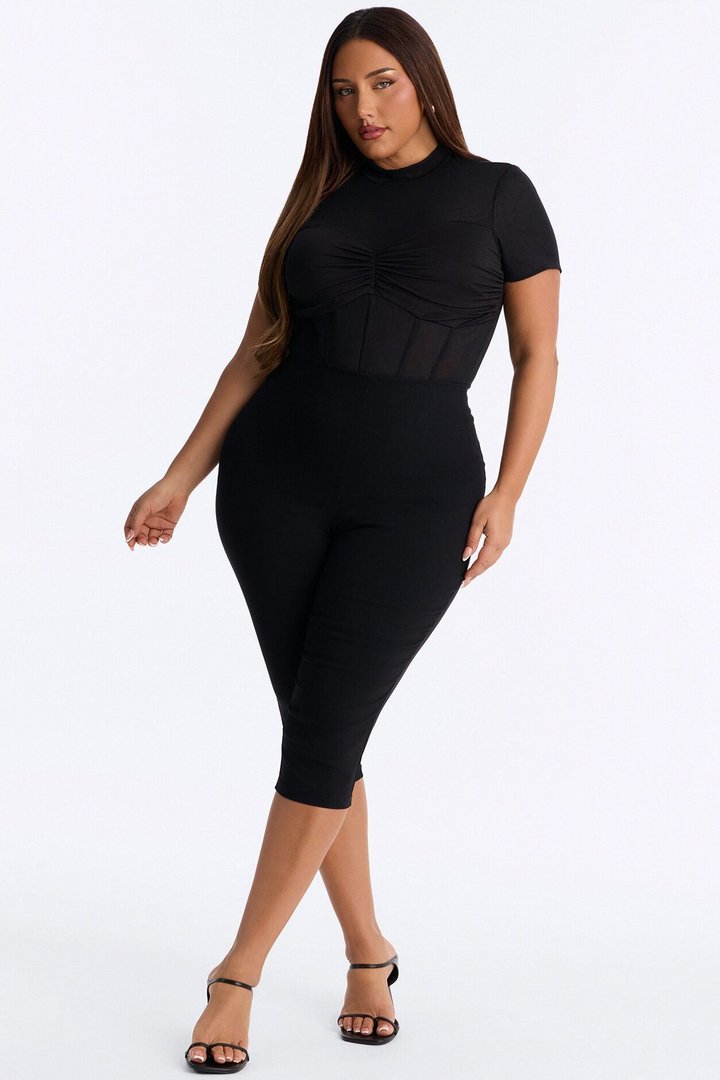 Fine Dined Mesh Mock Neck Corset Bodysuit - Black