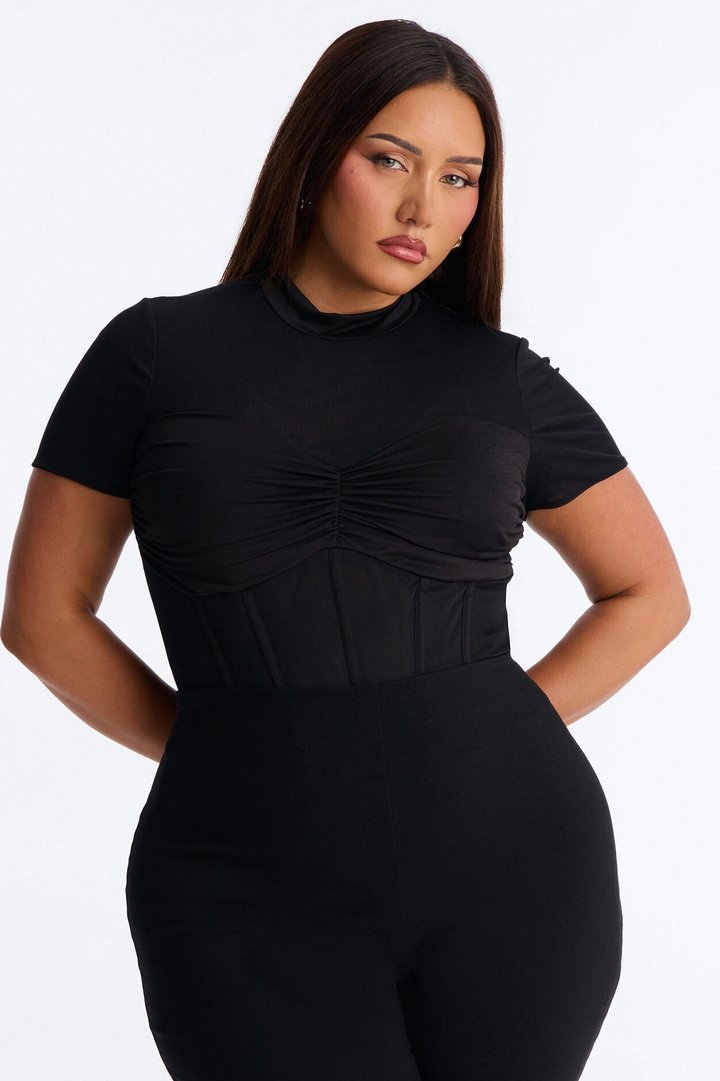 Fine Dined Mesh Mock Neck Corset Bodysuit - Black