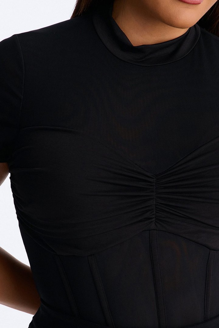 Fine Dined Mesh Mock Neck Corset Bodysuit - Black