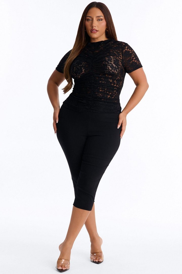 Miranda Lace Mock Neck Short Sleeve Top - Black
