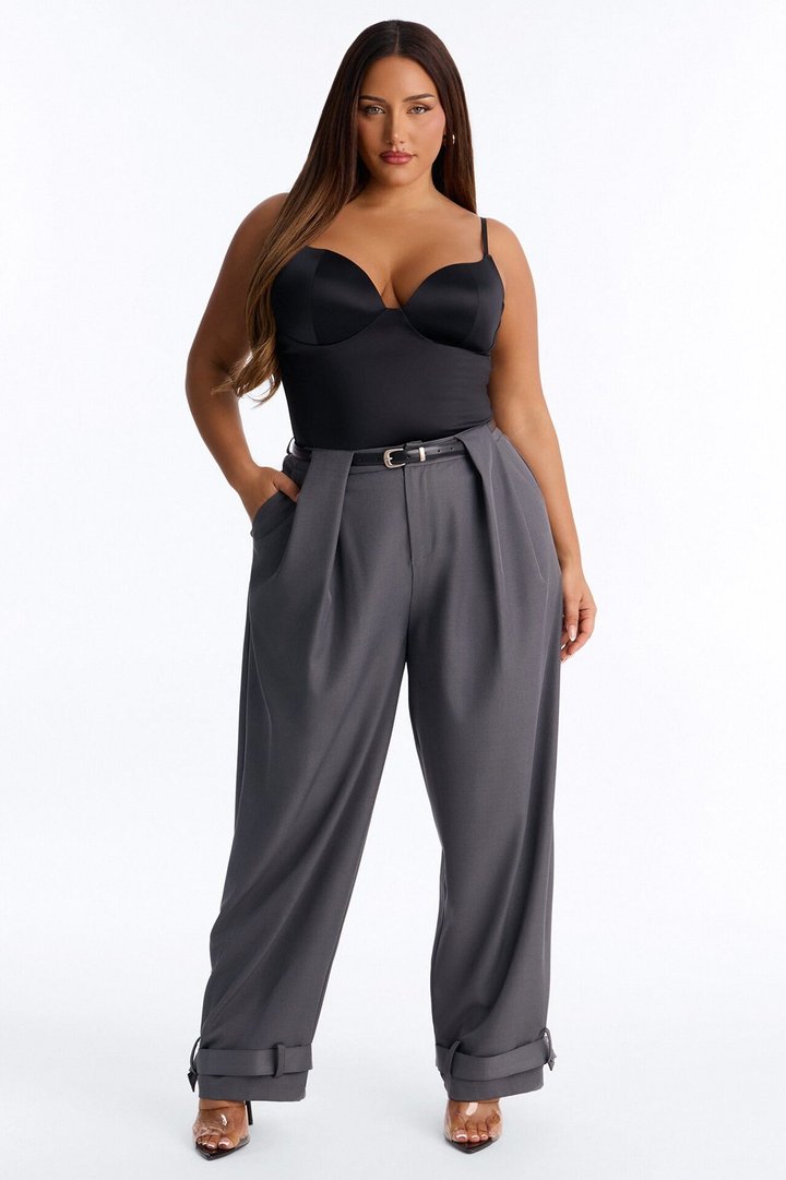 Anjelica Cuffed Wide Leg Belted Trouser - Charcoal