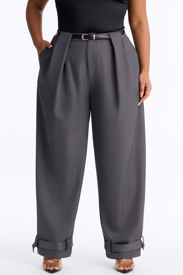Anjelica Cuffed Wide Leg Belted Trouser - Charcoal