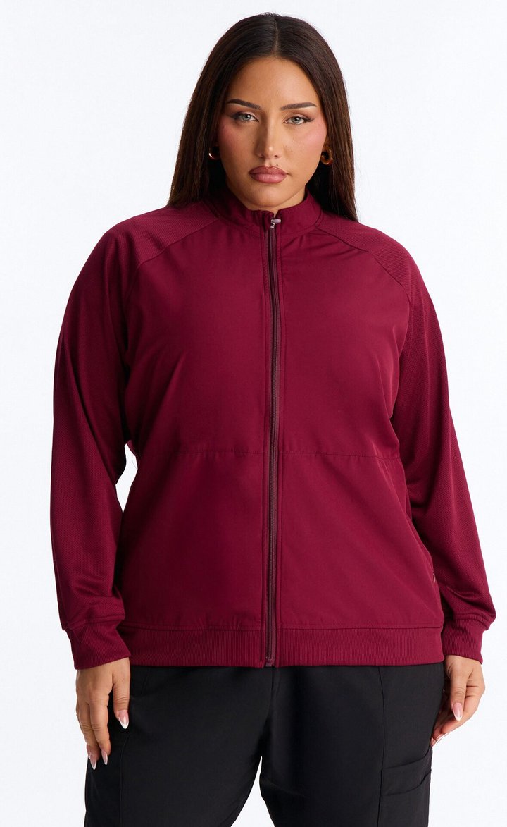 Full Shift Stretch Scrub Uniform Zip Up Jacket - Wine