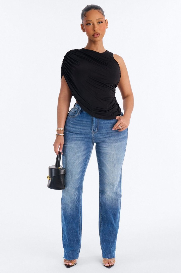 Laura Ruched Asymmetrical Short Sleeve Top - Black