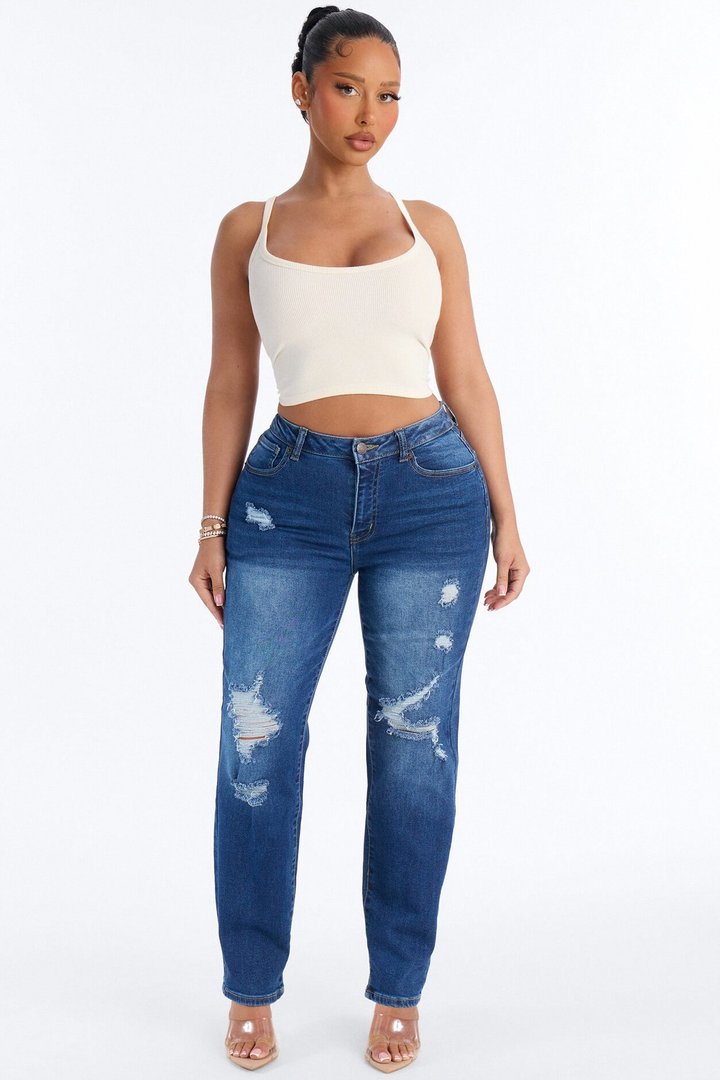 Rylie Ripped Straight Leg Jeans - Dark Wash